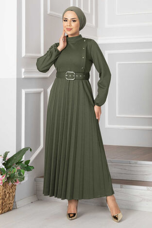 Aynur Piliseli Tesettür Elbise Çağla Yeşili - Thumbnail