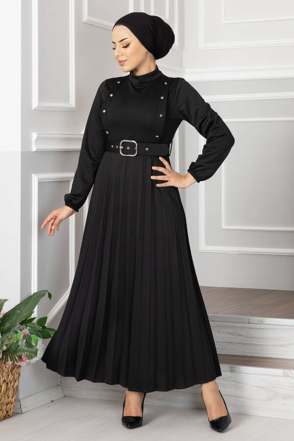 Aynur Piliseli Tesettür Elbise Siyah