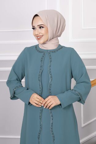 Ayşıl Taşlı Tesettür Elbise Mint - Thumbnail
