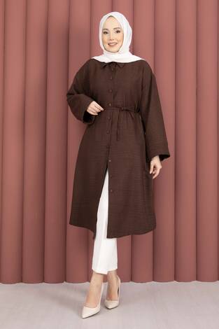 Bağcıklı Boydan Düğmeli Tunik Gömlek Kahve - Thumbnail