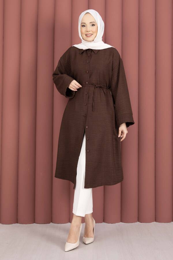 MD - Bağcıklı Boydan Düğmeli Tunik Gömlek Kahve