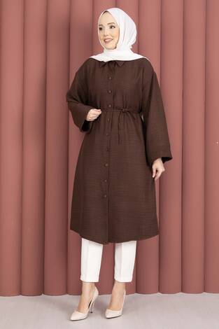 Bağcıklı Boydan Düğmeli Tunik Gömlek Kahve - Thumbnail