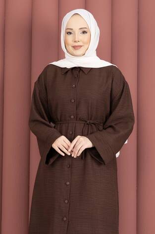 Bağcıklı Boydan Düğmeli Tunik Gömlek Kahve - Thumbnail