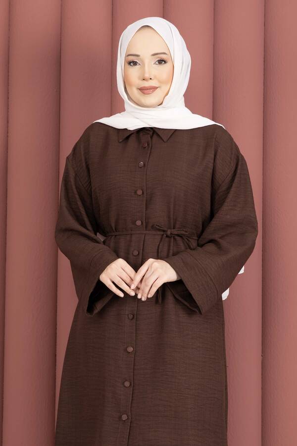 MD - Bağcıklı Boydan Düğmeli Tunik Gömlek Kahve (1)