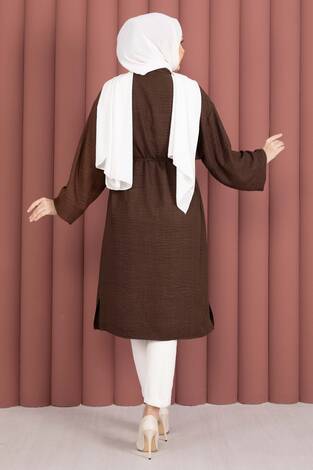 Bağcıklı Boydan Düğmeli Tunik Gömlek Kahve - Thumbnail