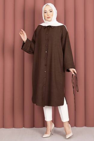 Bağcıklı Boydan Düğmeli Tunik Gömlek Kahve - Thumbnail