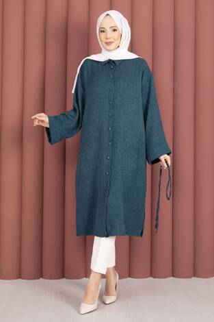 Bağcıklı Boydan Düğmeli Tunik Gömlek Petrol - Thumbnail