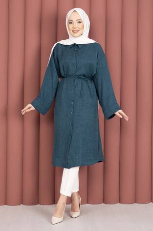 Bağcıklı Boydan Düğmeli Tunik Gömlek Petrol - Thumbnail