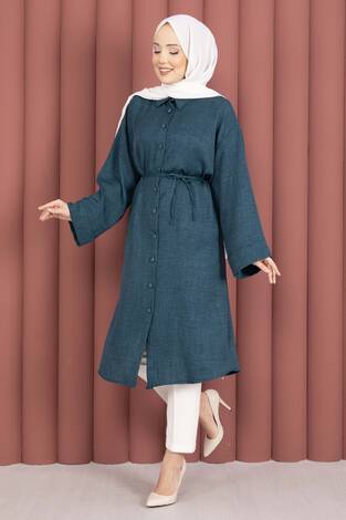 Bağcıklı Boydan Düğmeli Tunik Gömlek Petrol - Thumbnail