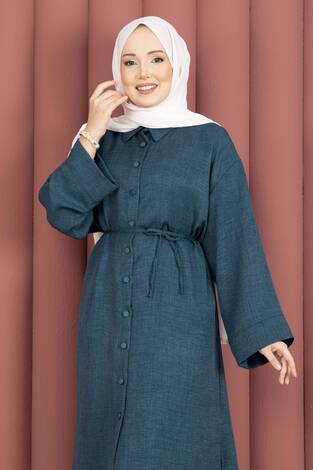 Bağcıklı Boydan Düğmeli Tunik Gömlek Petrol - Thumbnail