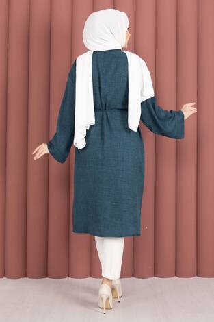 Bağcıklı Boydan Düğmeli Tunik Gömlek Petrol - Thumbnail