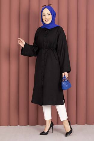 Bağcıklı Boydan Düğmeli Tunik Gömlek Siyah - Thumbnail