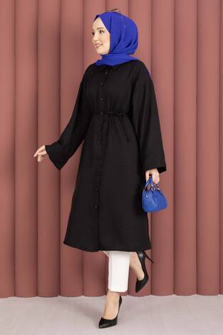 Bağcıklı Boydan Düğmeli Tunik Gömlek Siyah - Thumbnail