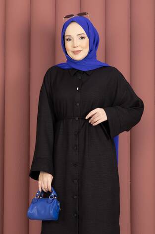 Bağcıklı Boydan Düğmeli Tunik Gömlek Siyah - Thumbnail