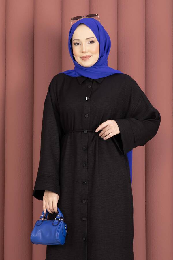 MD - Bağcıklı Boydan Düğmeli Tunik Gömlek Siyah (1)