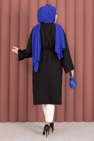 Bağcıklı Boydan Düğmeli Tunik Gömlek Siyah - Thumbnail