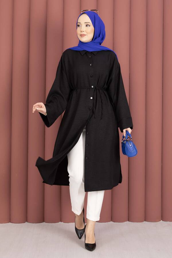 MD - Bağcıklı Boydan Düğmeli Tunik Gömlek Siyah