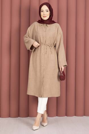 Bağcıklı Boydan Düğmeli Tunik Gömlek Vizon - Thumbnail