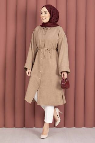 Bağcıklı Boydan Düğmeli Tunik Gömlek Vizon