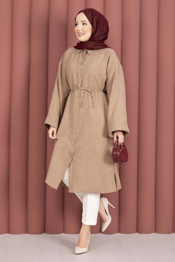 MD - Bağcıklı Boydan Düğmeli Tunik Gömlek Vizon