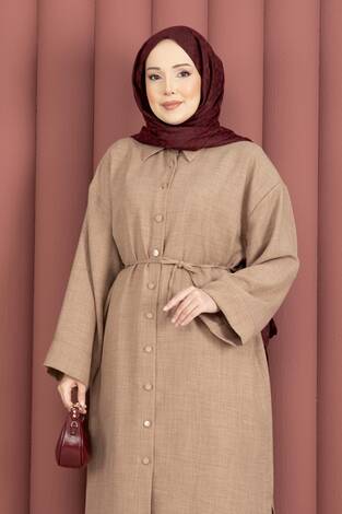 Bağcıklı Boydan Düğmeli Tunik Gömlek Vizon - Thumbnail