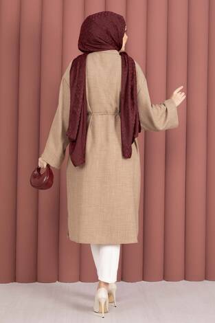 Bağcıklı Boydan Düğmeli Tunik Gömlek Vizon - Thumbnail