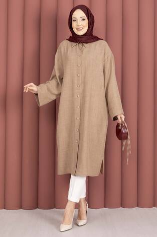 Bağcıklı Boydan Düğmeli Tunik Gömlek Vizon - Thumbnail
