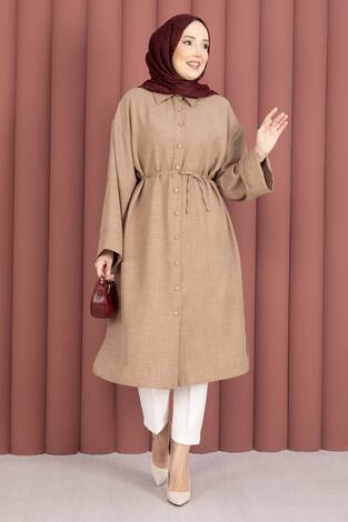 Bağcıklı Boydan Düğmeli Tunik Gömlek Vizon - Thumbnail