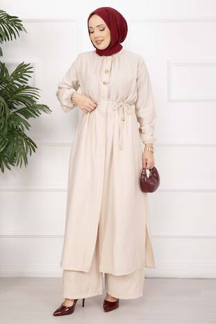 Bağcıklı Hakim Yaka Uzun Tunik Takım Bej - Thumbnail