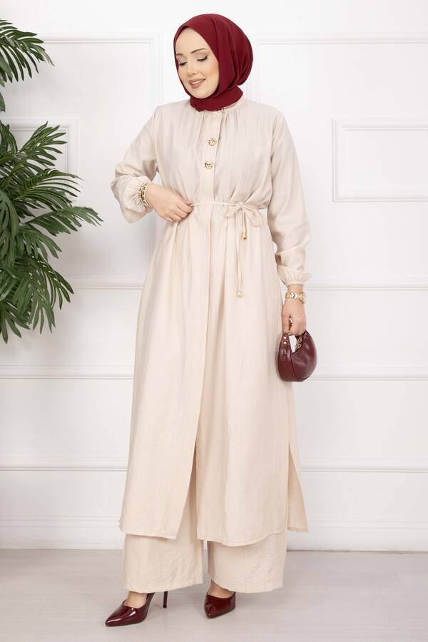 NS - Bağcıklı Hakim Yaka Uzun Tunik Takım Bej