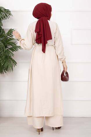 Bağcıklı Hakim Yaka Uzun Tunik Takım Bej - Thumbnail