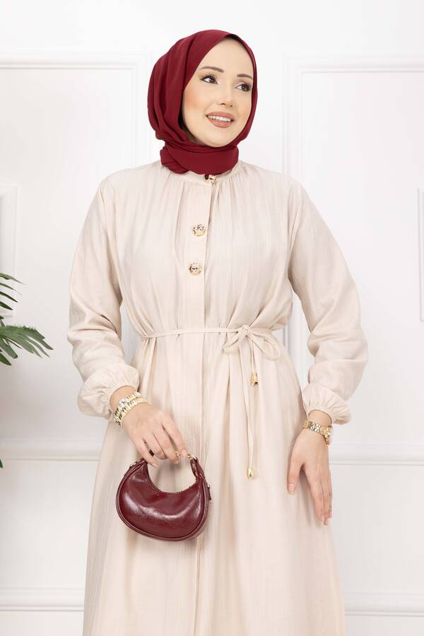 NS - Bağcıklı Hakim Yaka Uzun Tunik Takım Bej (1)