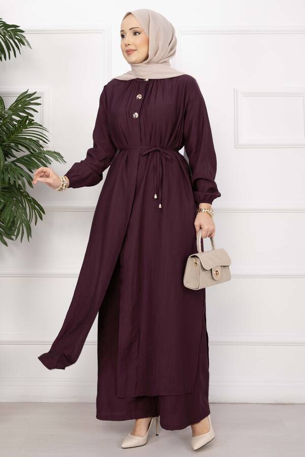 NS - Bağcıklı Hakim Yaka Uzun Tunik Takım Bordo