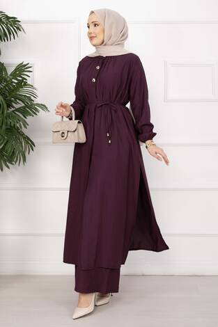 Bağcıklı Hakim Yaka Uzun Tunik Takım Bordo - Thumbnail
