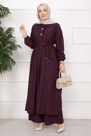 Bağcıklı Hakim Yaka Uzun Tunik Takım Bordo - Thumbnail