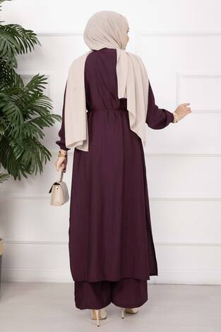 Bağcıklı Hakim Yaka Uzun Tunik Takım Bordo - Thumbnail