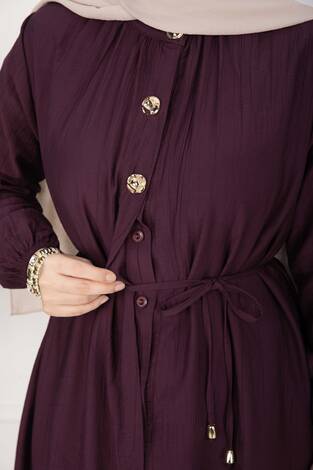 Bağcıklı Hakim Yaka Uzun Tunik Takım Bordo - Thumbnail