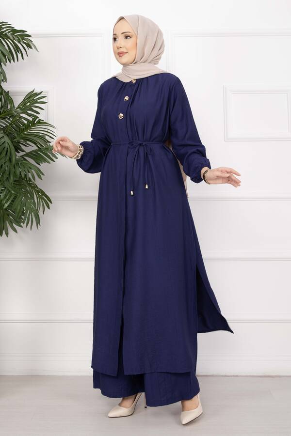 NS - Bağcıklı Hakim Yaka Uzun Tunik Takım Lacivert