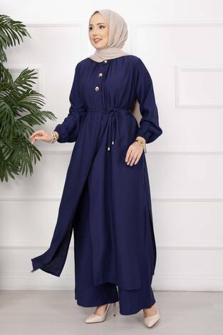 Bağcıklı Hakim Yaka Uzun Tunik Takım Lacivert - Thumbnail