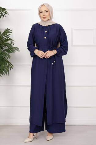 Bağcıklı Hakim Yaka Uzun Tunik Takım Lacivert - Thumbnail
