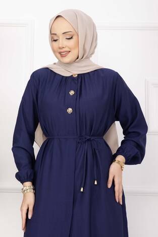 Bağcıklı Hakim Yaka Uzun Tunik Takım Lacivert - Thumbnail