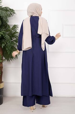 Bağcıklı Hakim Yaka Uzun Tunik Takım Lacivert - Thumbnail