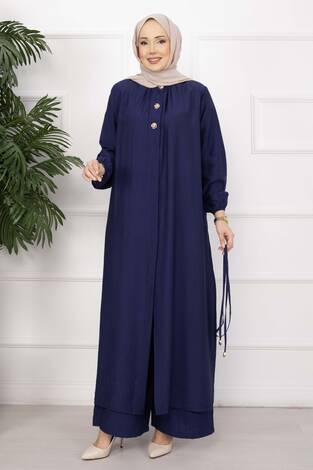 Bağcıklı Hakim Yaka Uzun Tunik Takım Lacivert - Thumbnail