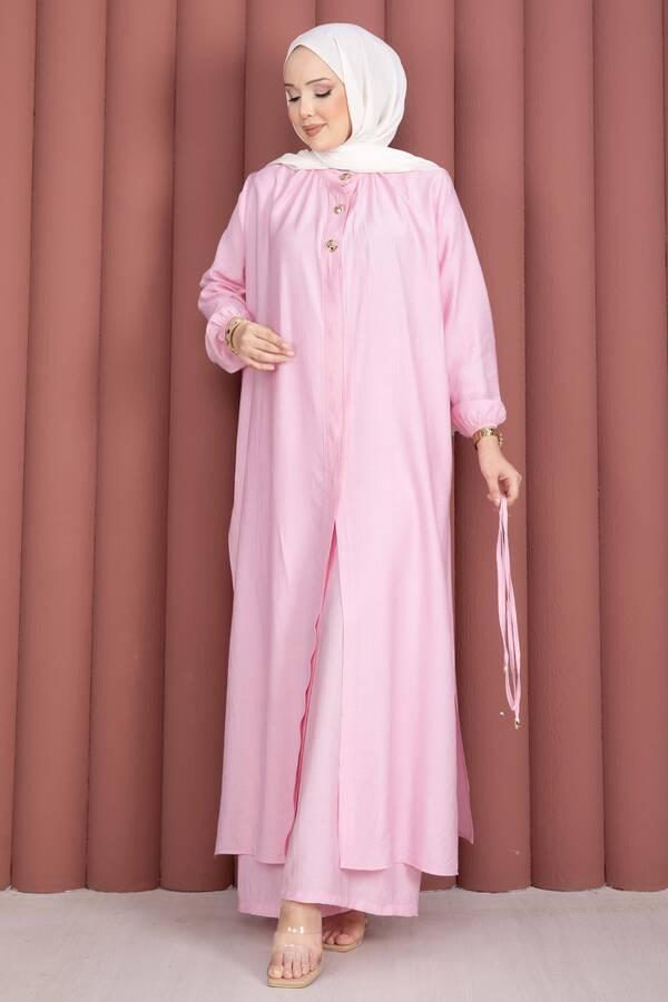Bağcıklı Hakim Yaka Uzun Tunik Takım Pembe - 5