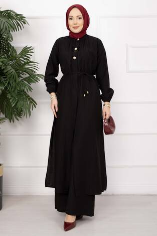 Bağcıklı Hakim Yaka Uzun Tunik Takım Siyah - Thumbnail