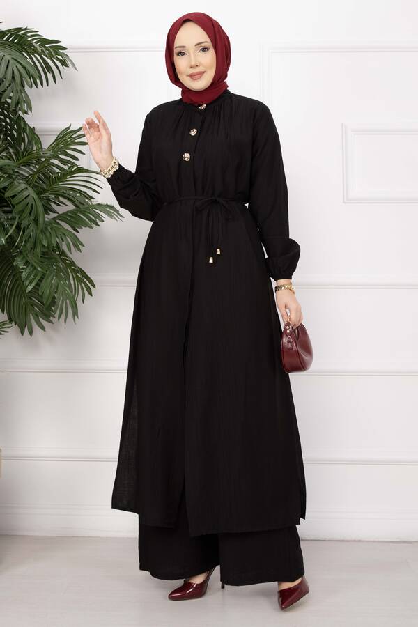 NS - Bağcıklı Hakim Yaka Uzun Tunik Takım Siyah