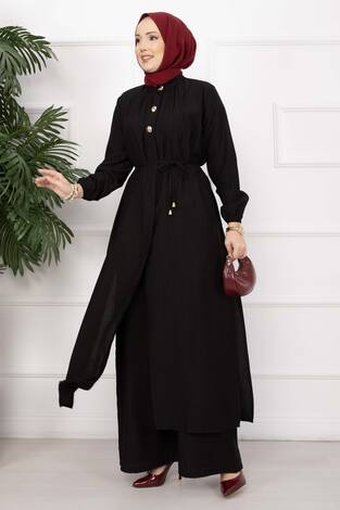 Bağcıklı Hakim Yaka Uzun Tunik Takım Siyah - Thumbnail