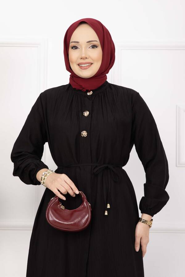 NS - Bağcıklı Hakim Yaka Uzun Tunik Takım Siyah (1)