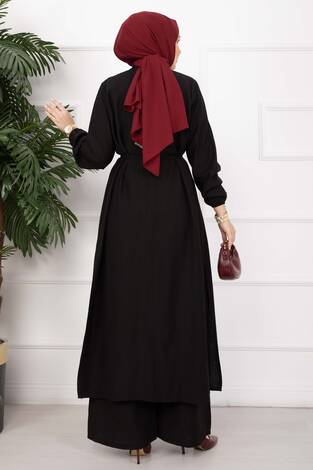 Bağcıklı Hakim Yaka Uzun Tunik Takım Siyah - Thumbnail