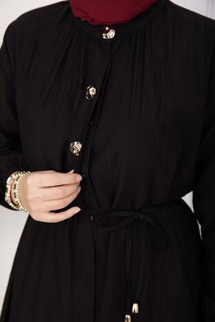 Bağcıklı Hakim Yaka Uzun Tunik Takım Siyah - Thumbnail